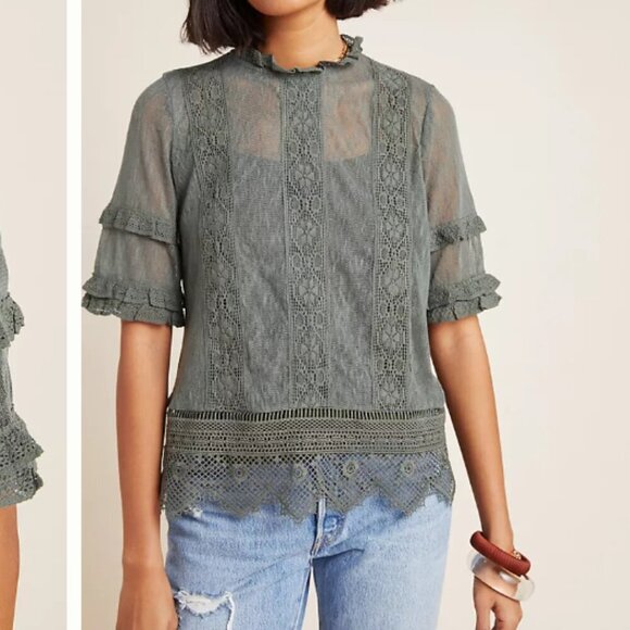 Anthropologie Blue Tassel Mattie Grey Lace Sheer Top - Picture 6 of 9